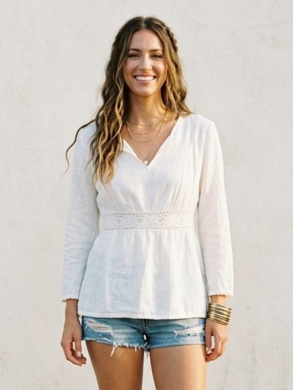 Women’s Cream V-Neck Long Sleeve Top with Lace Waist